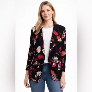 Yest Black Floral Jacket/Blazer Lightly Padded Shoulders Self Tie Belt Size 4